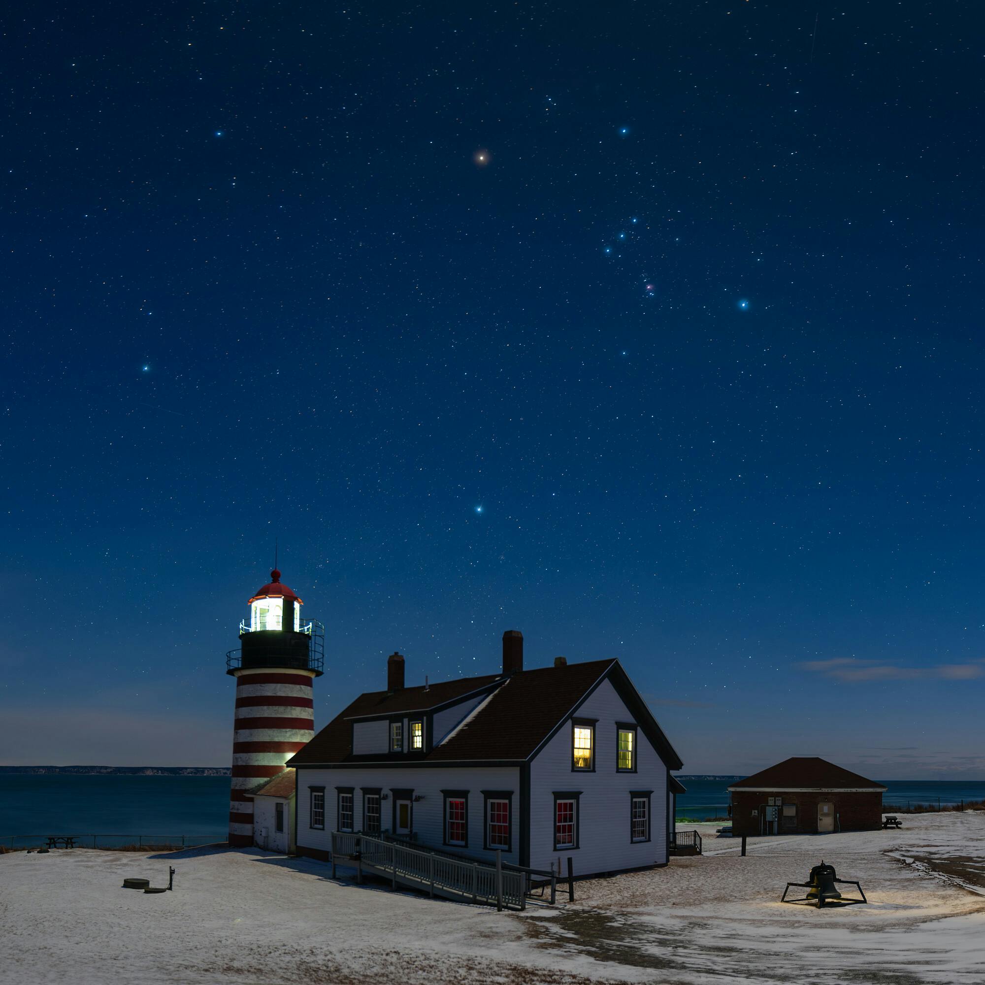 Orion Above West Quoddy Head Lighthouse and Snow