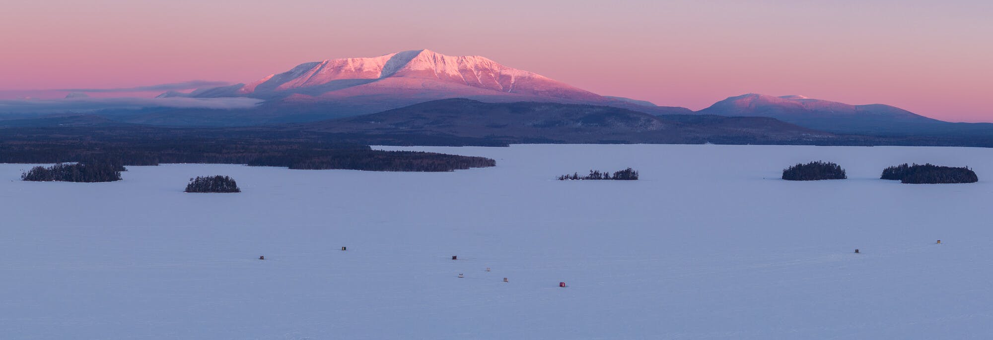 Mt. Katahdin and Ice Fishing Shacks at Sunrise